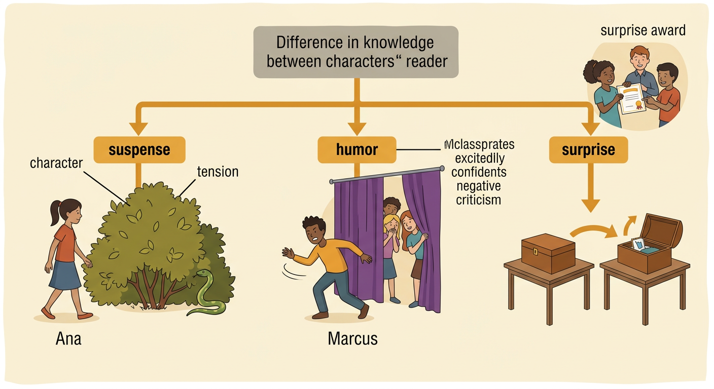 A divided illustration contrasts Ana’s suspenseful approach to a snake with Marcus avoiding classmates who hold a surprise award.