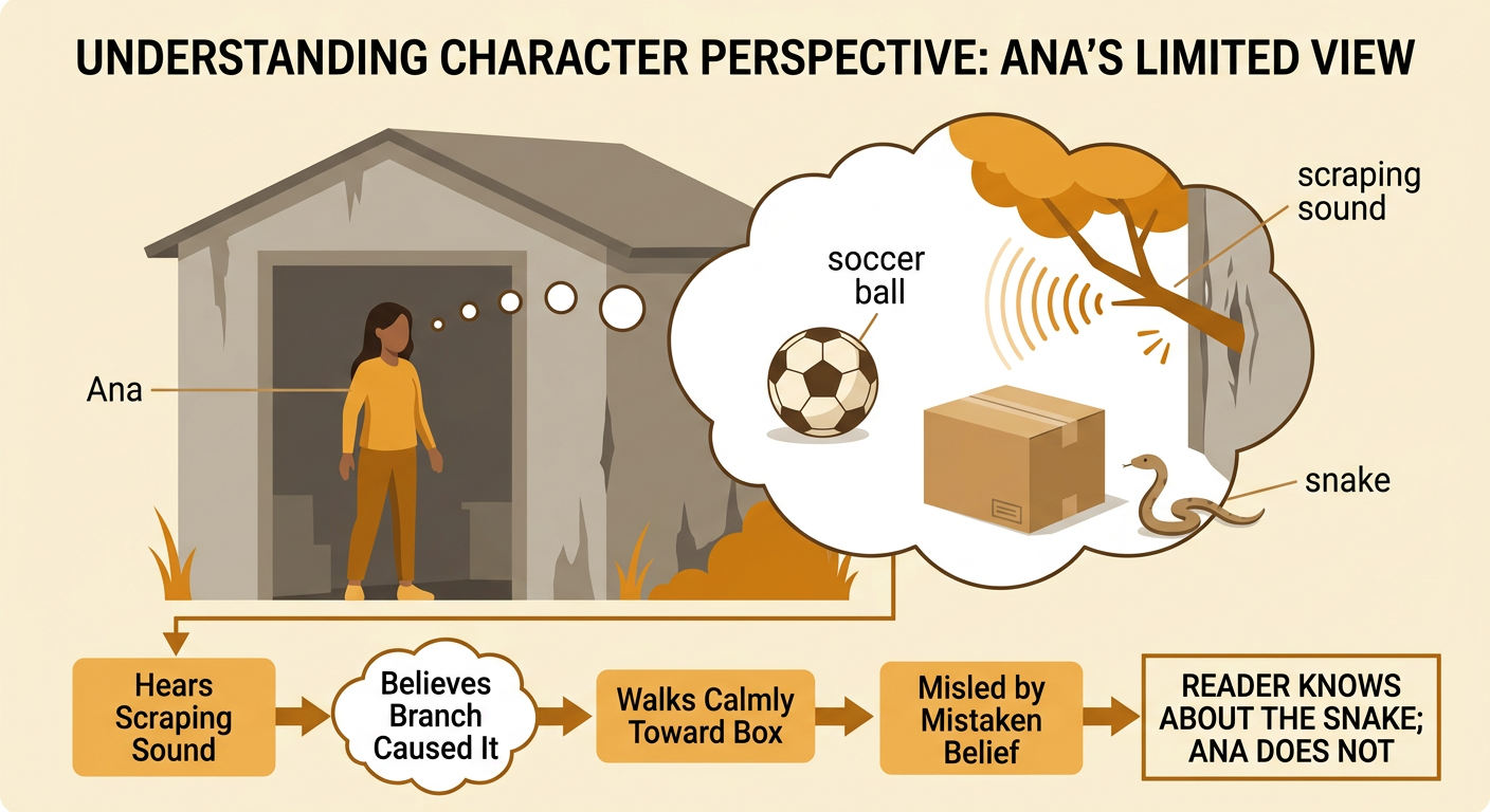 Ana walks toward a box in the shed because she mistakes a snake’s scraping sound for a branch outside.