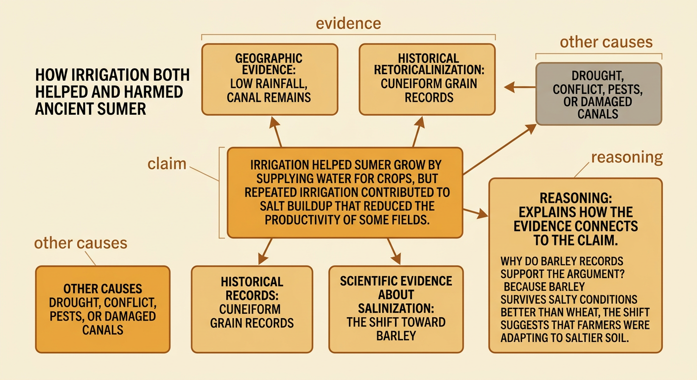 An argument chart connects a claim about irrigation to canal, grain, barley, and salt evidence with explanatory arrows.