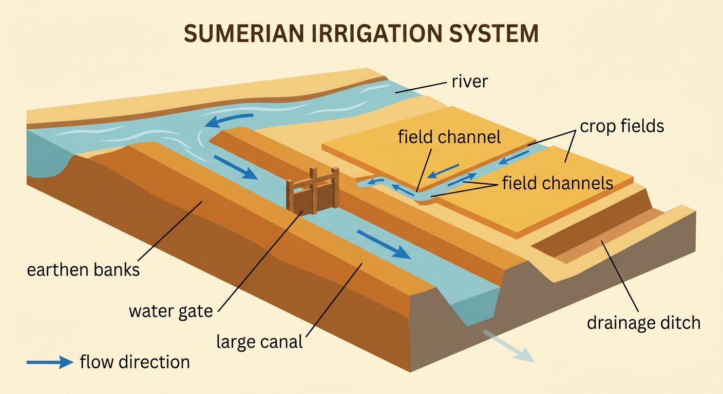 A cutaway diagram shows river water passing through a large canal, a gate, smaller field channels, and a drainage ditch.
