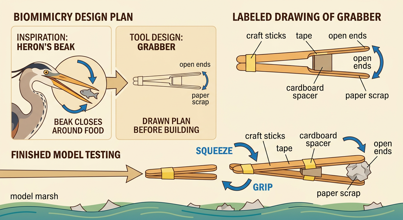 A child's plan shows two craft sticks taped around a cardboard spacer, with the open ends gripping a paper scrap.