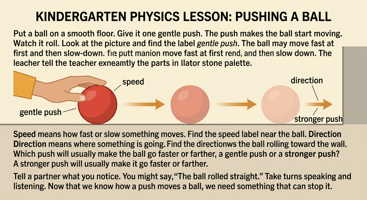 A ball rolls across a smooth floor toward a wall after being pushed by a hand.