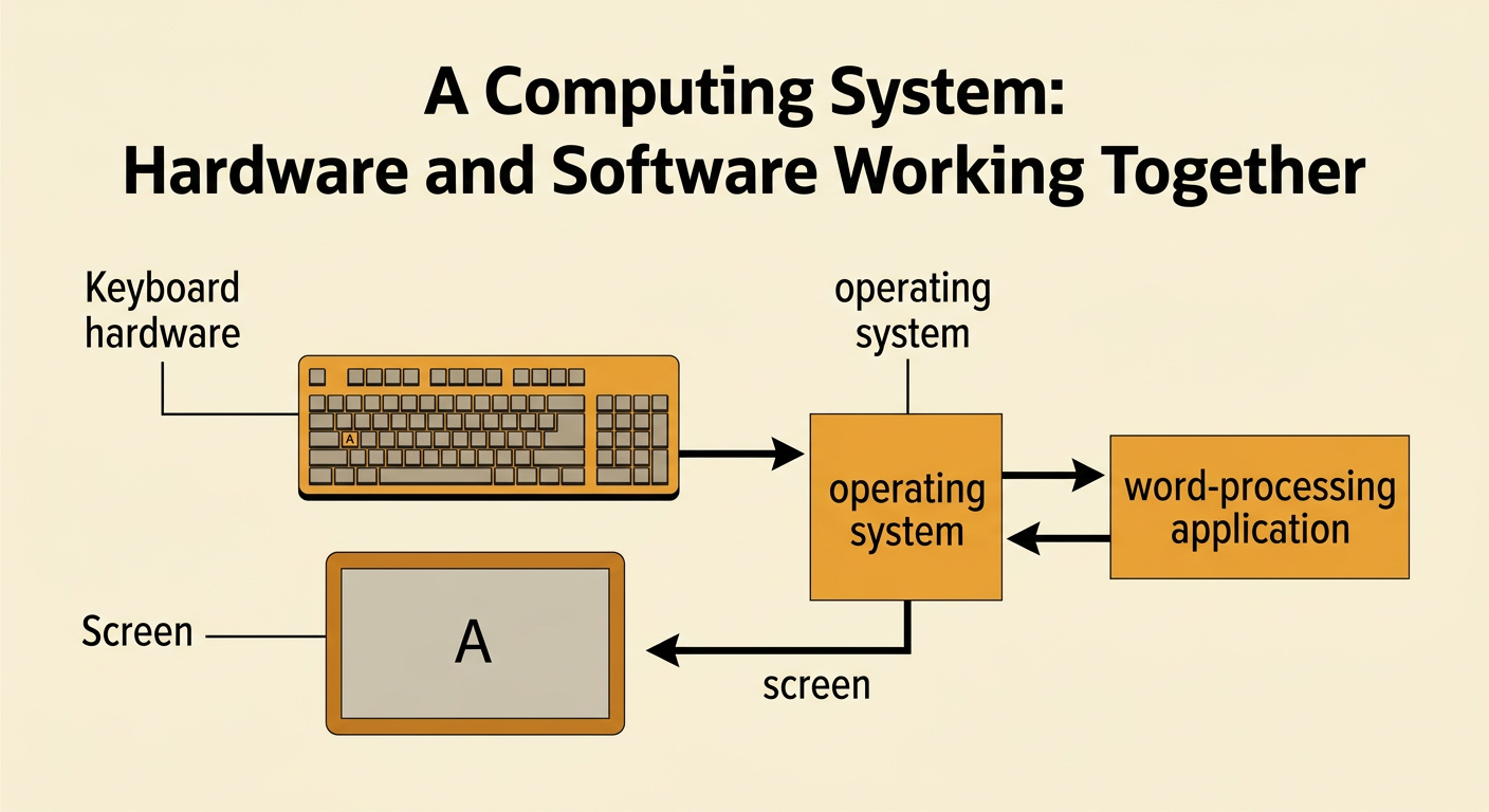 A labeled diagram traces the letter A from a keyboard through an operating system and application to a screen.