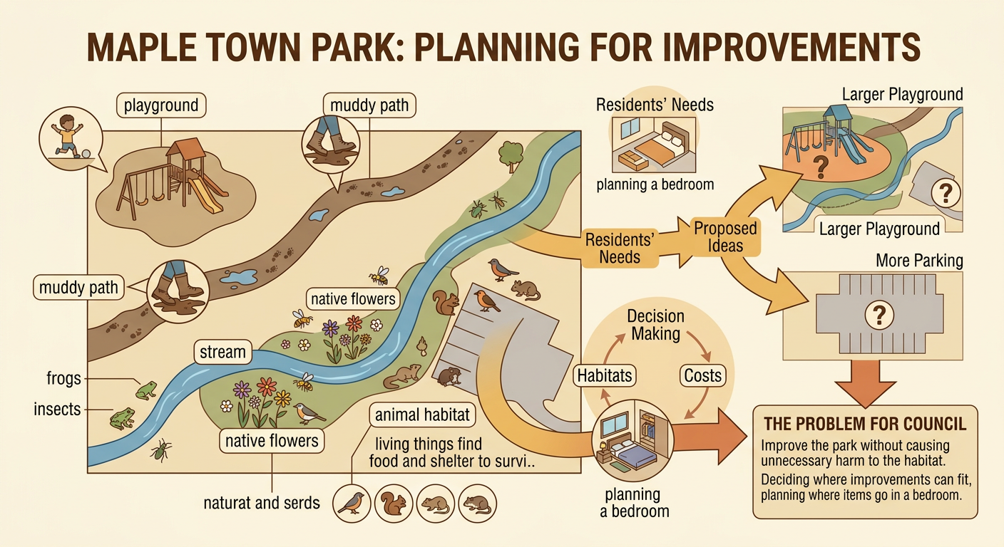 A park map shows worn facilities beside flowers, wildlife, and a stream.