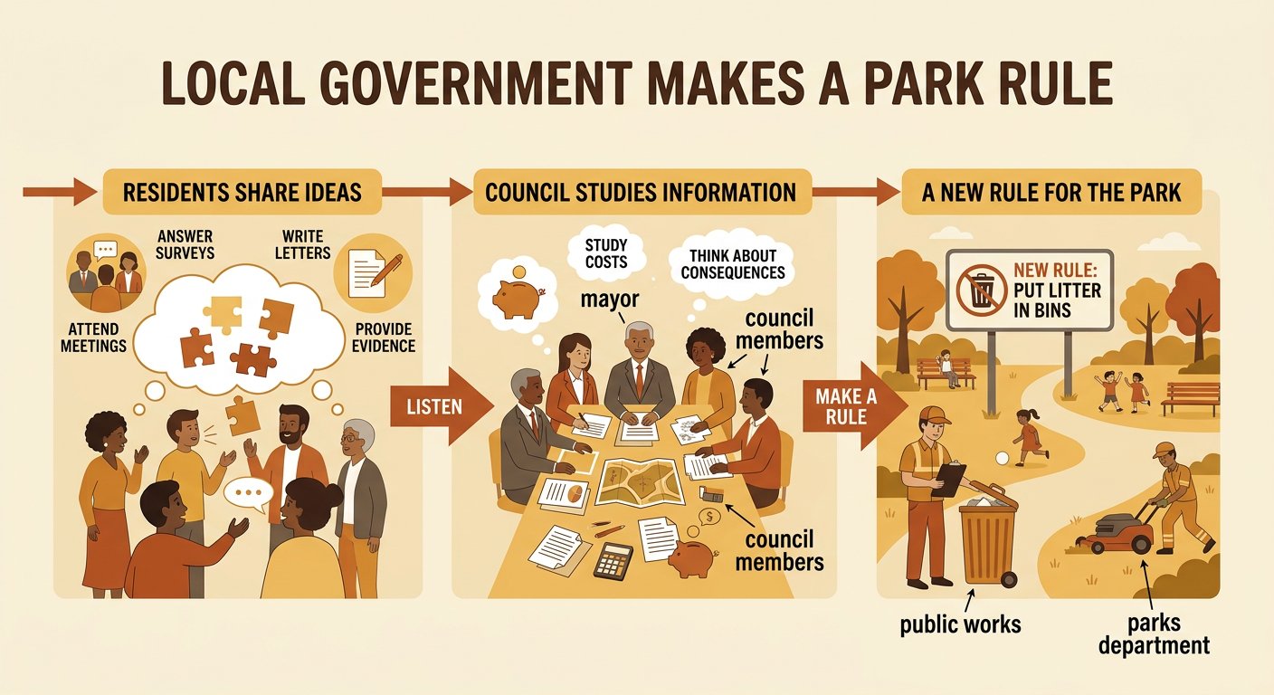 Local leaders and town workers discuss community services around a table.