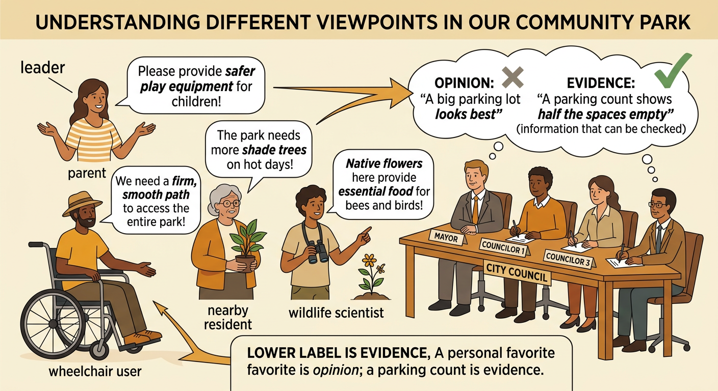 Four citizens share different park viewpoints at a council meeting.
