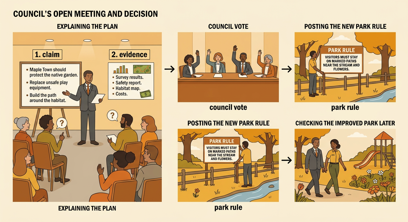 A council member explains the park plan before a public vote.