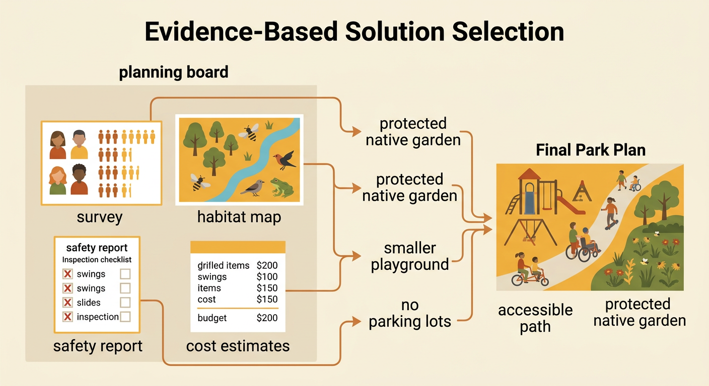 Council members compare four sources of evidence while marking a combined park plan.
