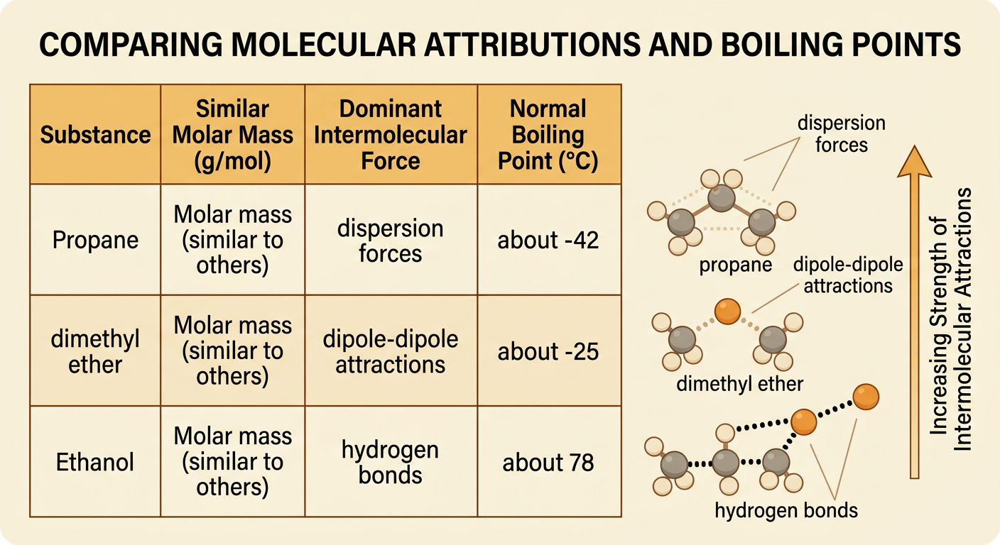 A boiling-point graph compares three similar-mass substances and links each one to its strongest distinctive attraction.