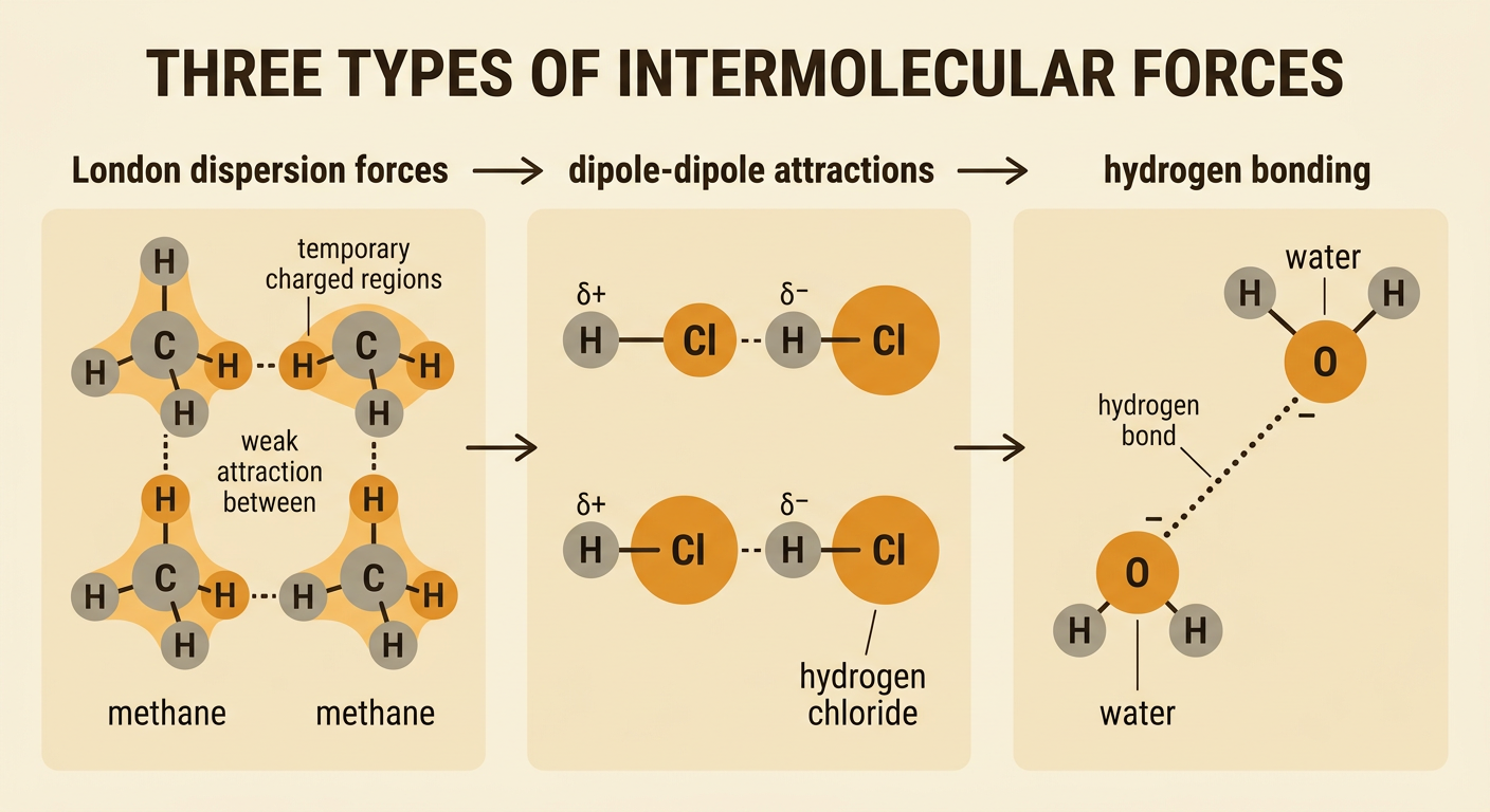 A three-part molecular diagram compares the attractions between methane, hydrogen chloride, and water molecules.
