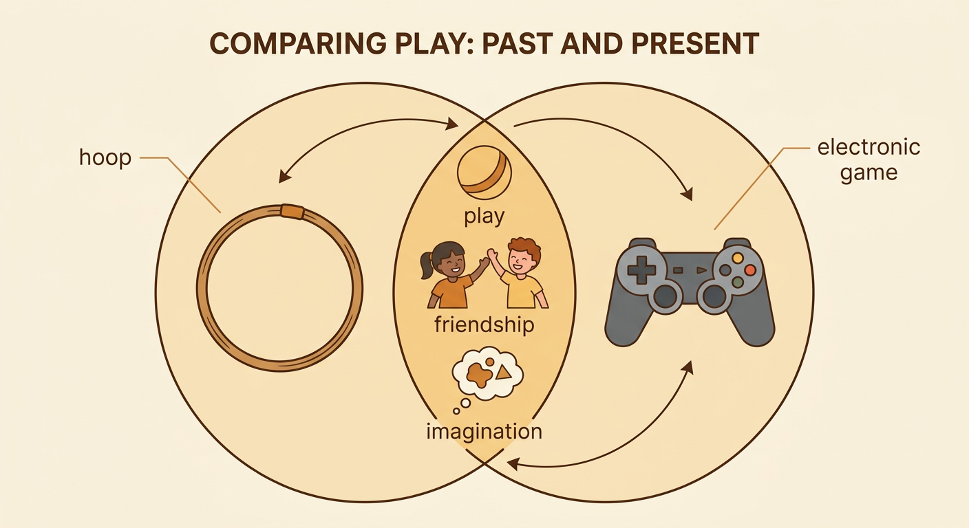Children from the past and present play with different toys while sharing fun, friendship, and imagination.
