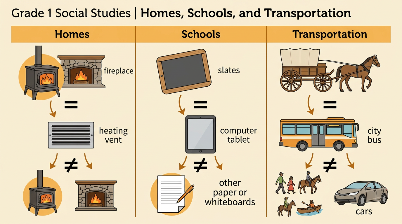 A three-column comparison chart shows past and present examples for homes, schools, and transportation.