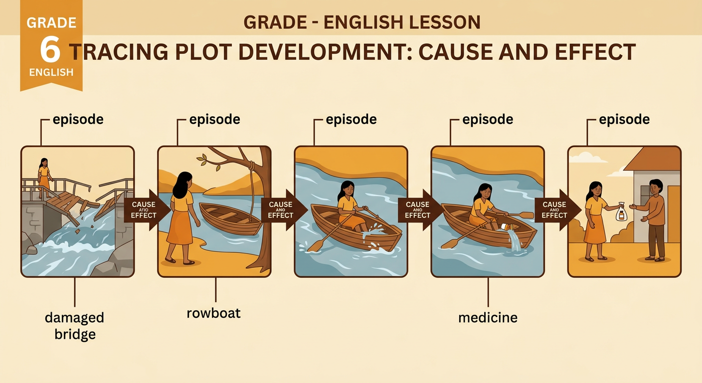 A connected sequence shows Maya at the damaged bridge, finding a rowboat, scooping water from the leak, and reaching shore.