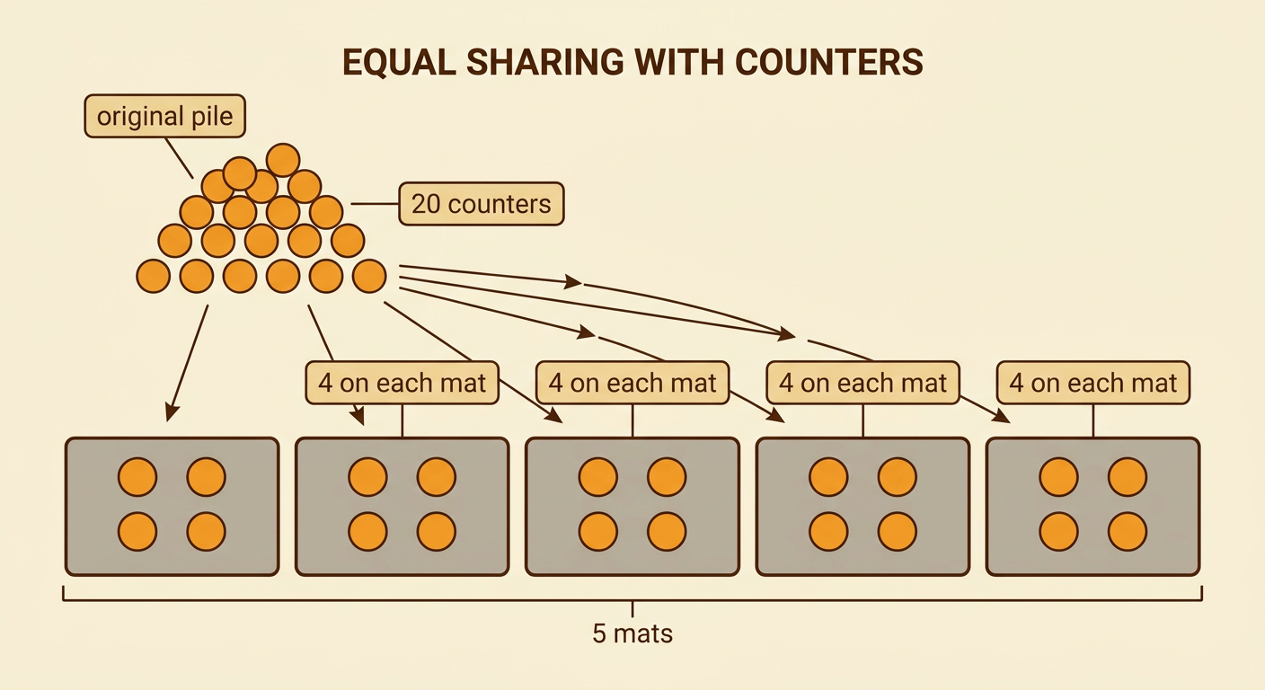 Twenty counters move from one original pile onto five mats, leaving four counters on each mat.