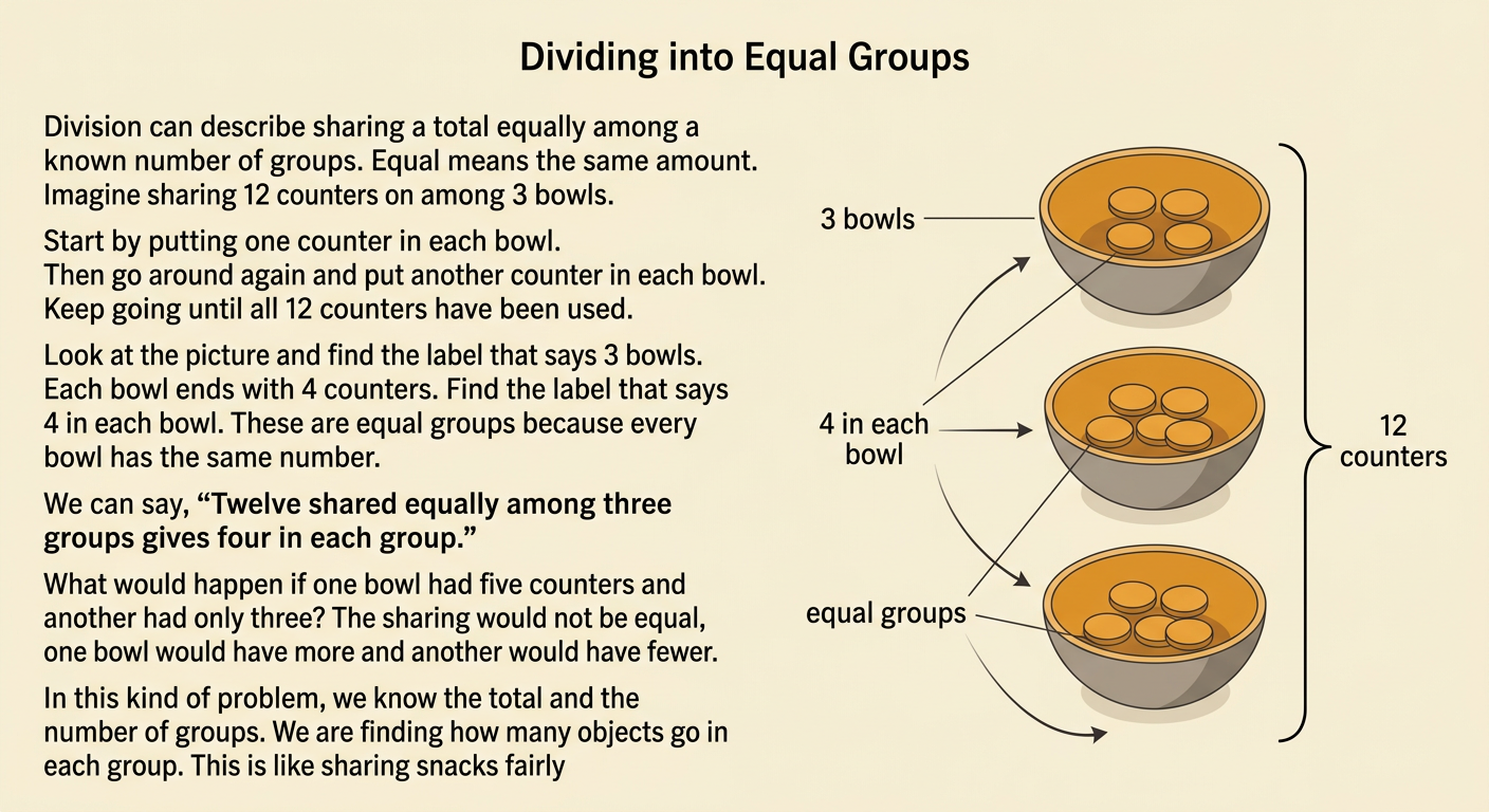 Twelve counters are arranged equally in three bowls, with four counters in each bowl.