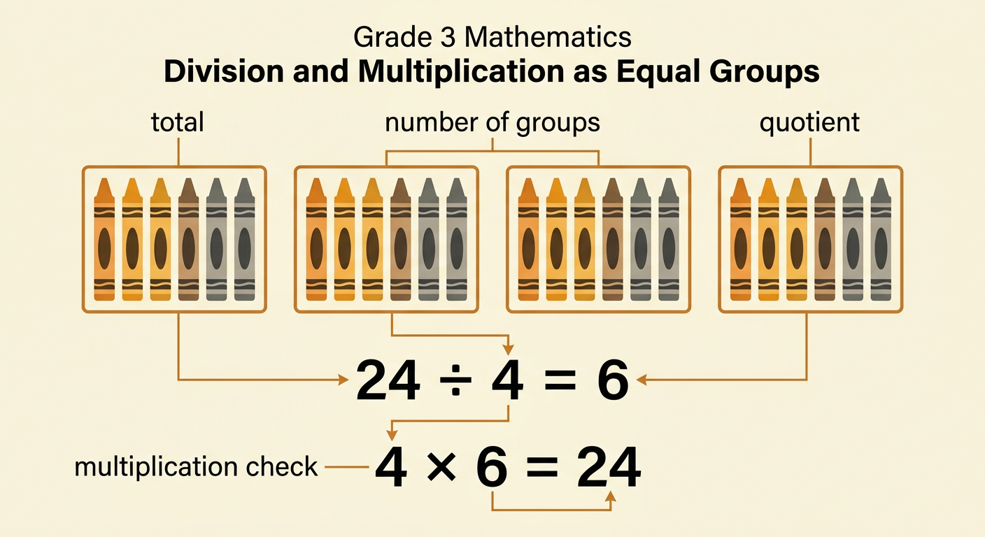 The equation 24 ÷ 4 = 6 appears beside four equal groups of six crayons and its multiplication check.