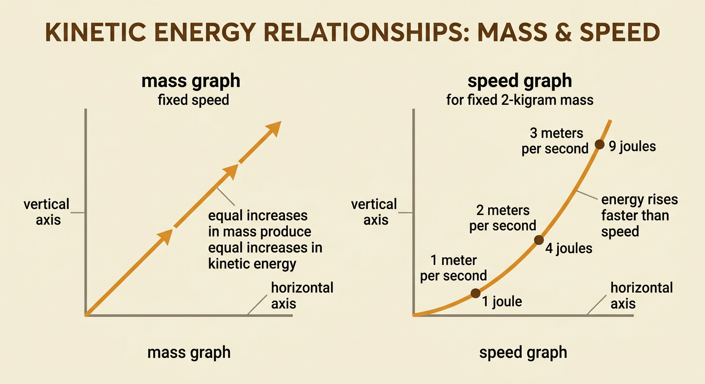 Side-by-side graphs show a straight kinetic-energy relationship with mass and an upward-curving relationship with speed.