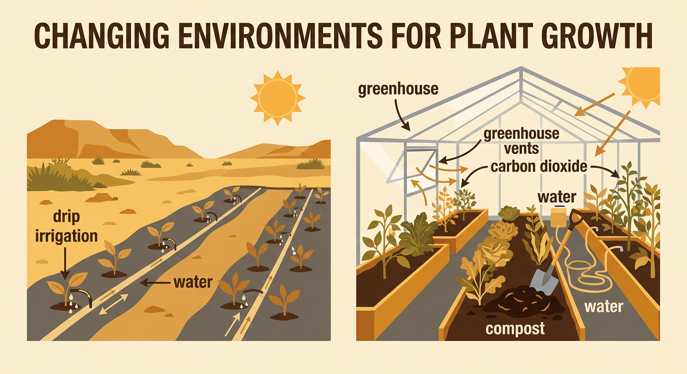A dry-region garden uses drip irrigation and compost beside a vented greenhouse that provides warmth and fresh air.