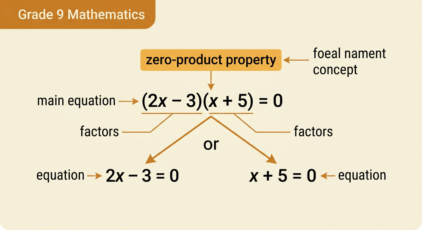 A branching equation diagram shows the factored product splitting into two equations that each equal zero.