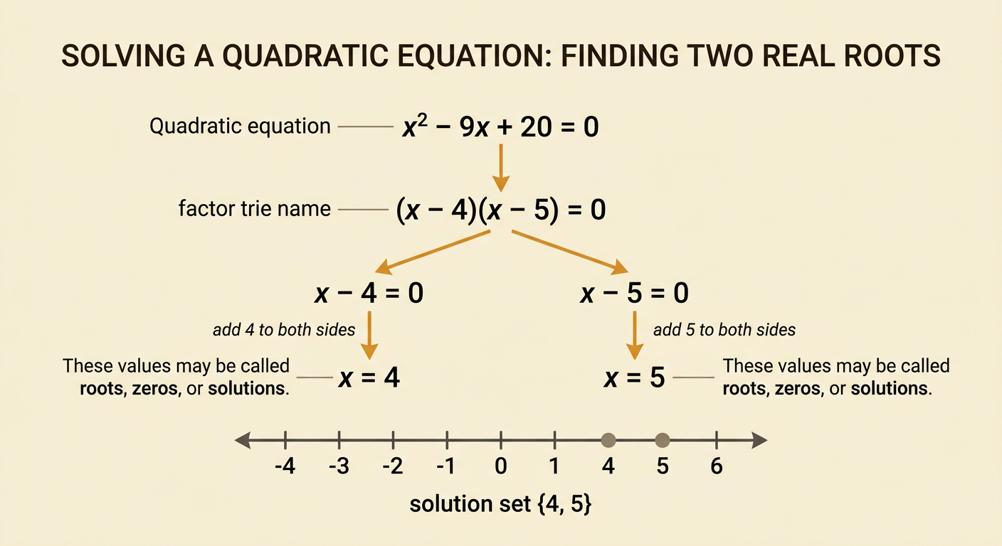 A two-branch solution diagram shows each factor producing one root and both roots entering the solution set.