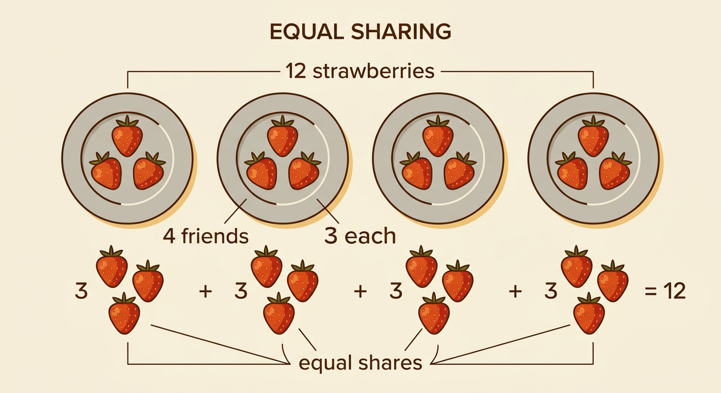 Twelve strawberries are divided evenly among four friends, with three strawberries beside each friend.