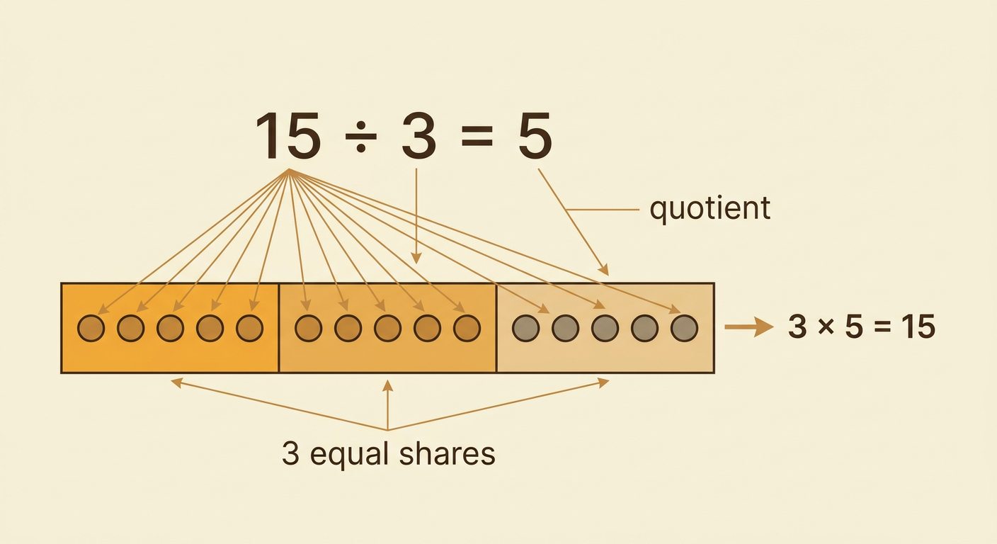 Three boxes of five counters appear beside a division equation and its matching multiplication check.