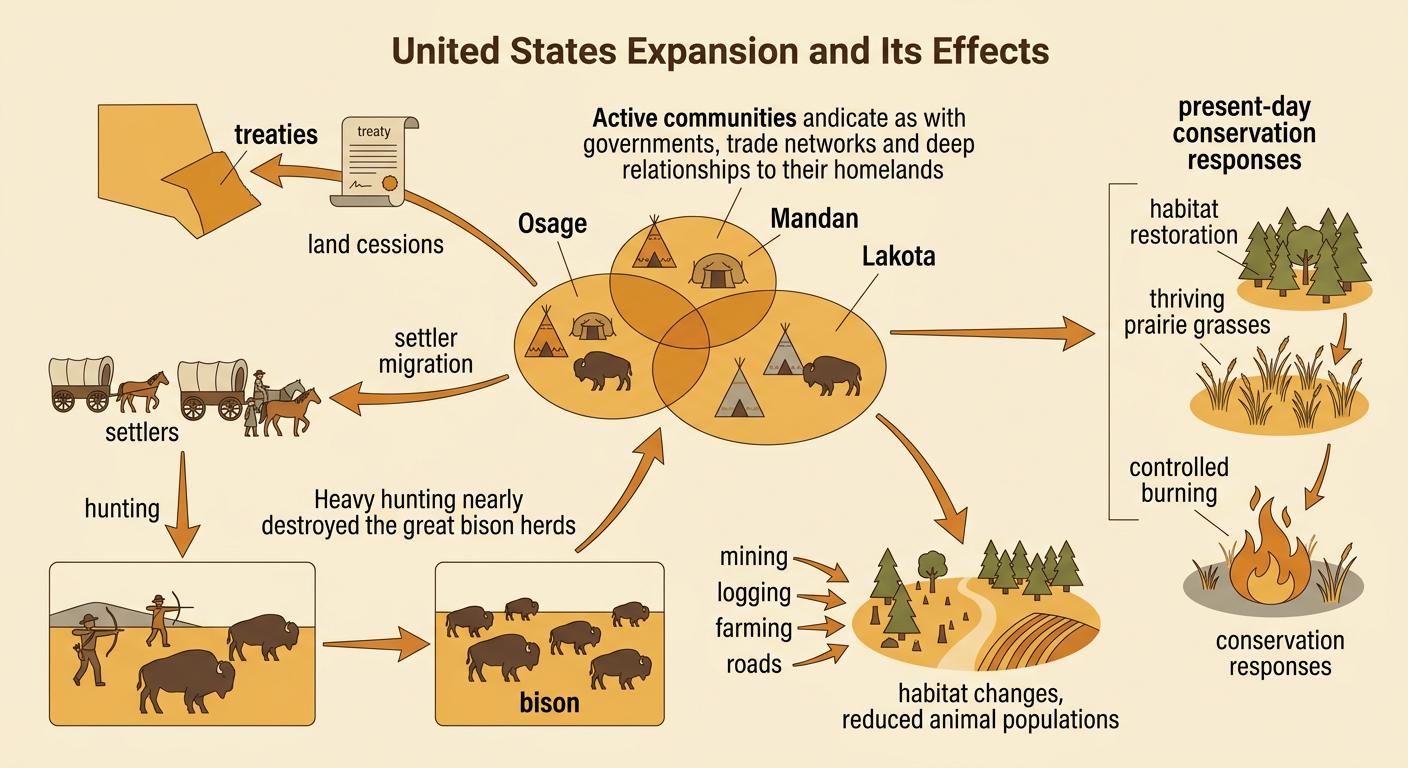 Indigenous communities stand near shrinking bison herds while land use changes and conservation methods appear across the plains.