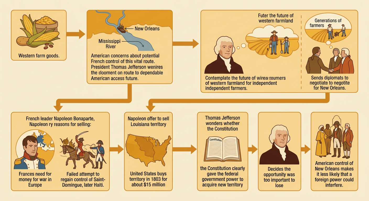 Thomas Jefferson reviews a purchase offer while a farmer’s corn travels safely toward New Orleans.