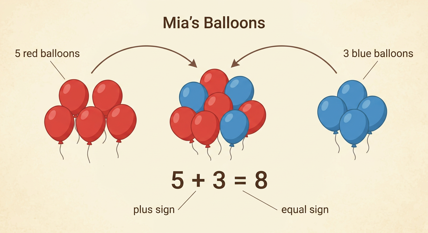 Mia holds a group of five red balloons and three blue balloons beside the matching addition equation.