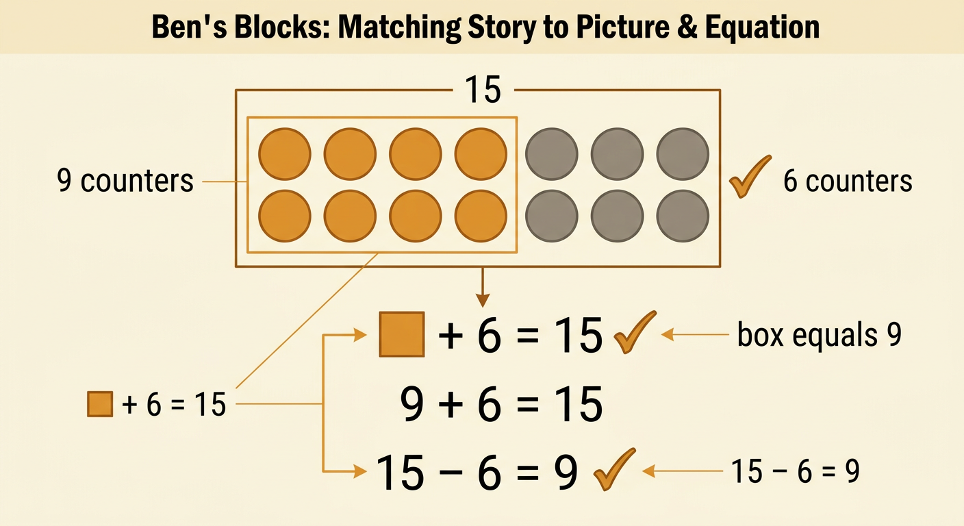 Two groups of nine and six block counters show Ben’s story beside addition and subtraction check equations.