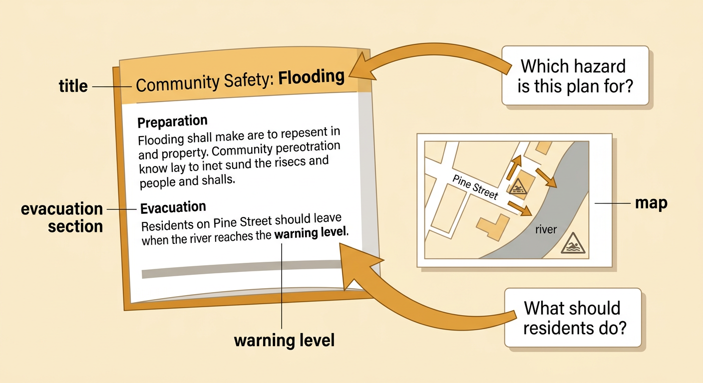 A flood safety page displays a clear title, an evacuation paragraph, and a street map with the river level marked.
