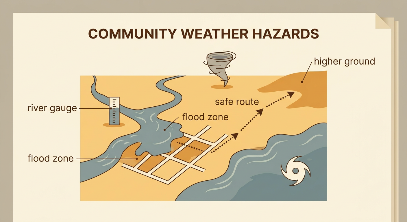 A riverside town map shows rising water, homes in a flood area, and a marked route leading uphill.