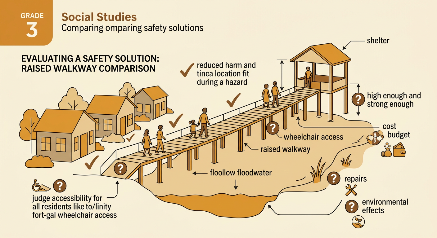 A design drawing shows an accessible elevated walkway carrying residents over shallow water to a community shelter.