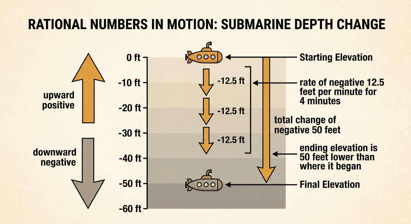 A submarine descends fifty feet over four minutes on a labeled elevation scale.