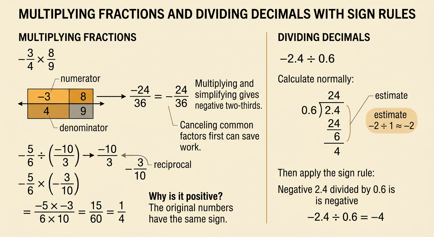 Fraction models and decimal groups show multiplication, reciprocal division, and estimation.