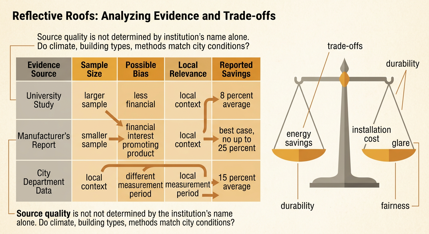 A policy balance scale compares energy savings with installation cost and glare while source cards show university and manufacturer findings.