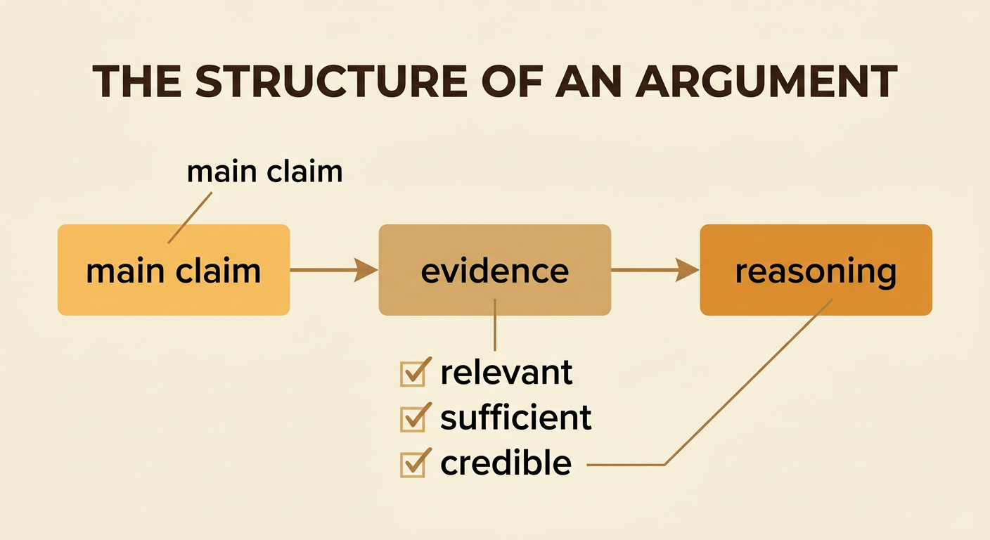 A bridge-shaped argument diagram connects evidence and reasoning to a city policy main claim about reflective roofs.