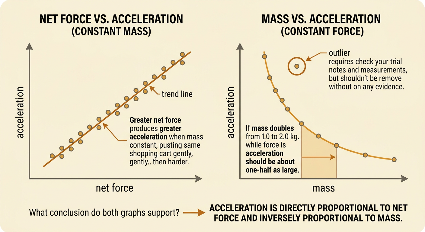 Side-by-side scatter plots show acceleration rising with force and falling with mass.