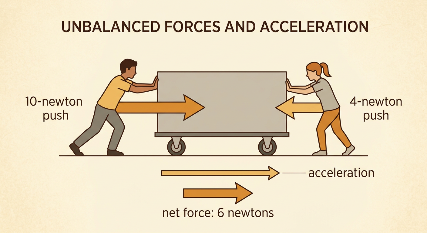 Two students push a cart in opposite directions with arrows showing the stronger push and resulting motion.