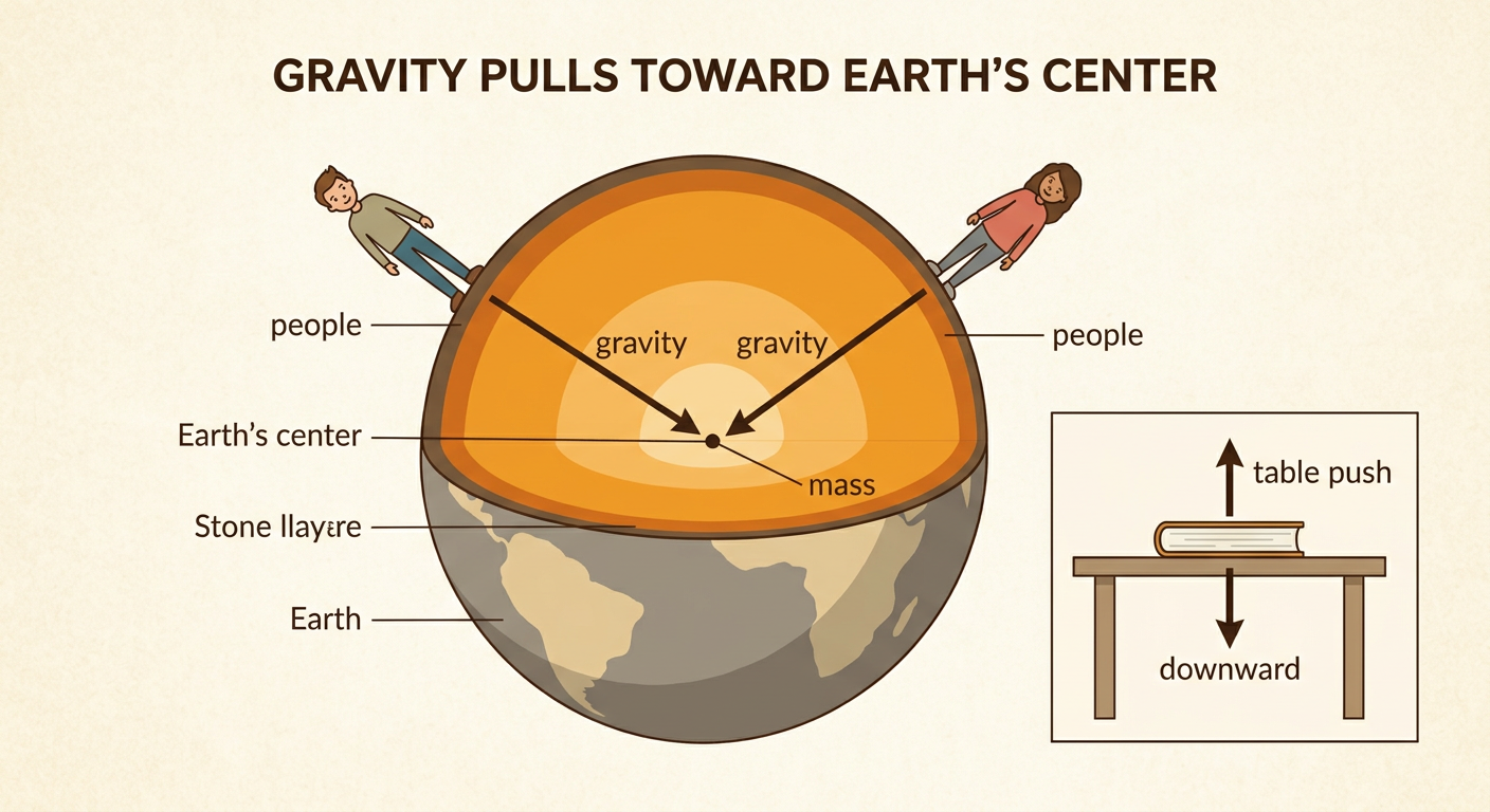 A globe shows two people standing on opposite sides with arrows toward Earth's center, beside a book supported by a table.