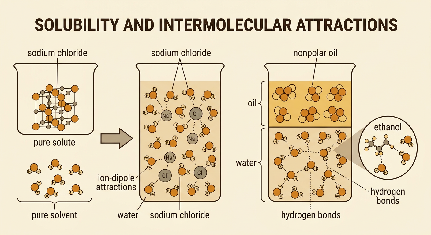 A solubility diagram shows sodium chloride surrounded by water, separate oil and water layers, and ethanol mixing with water.
