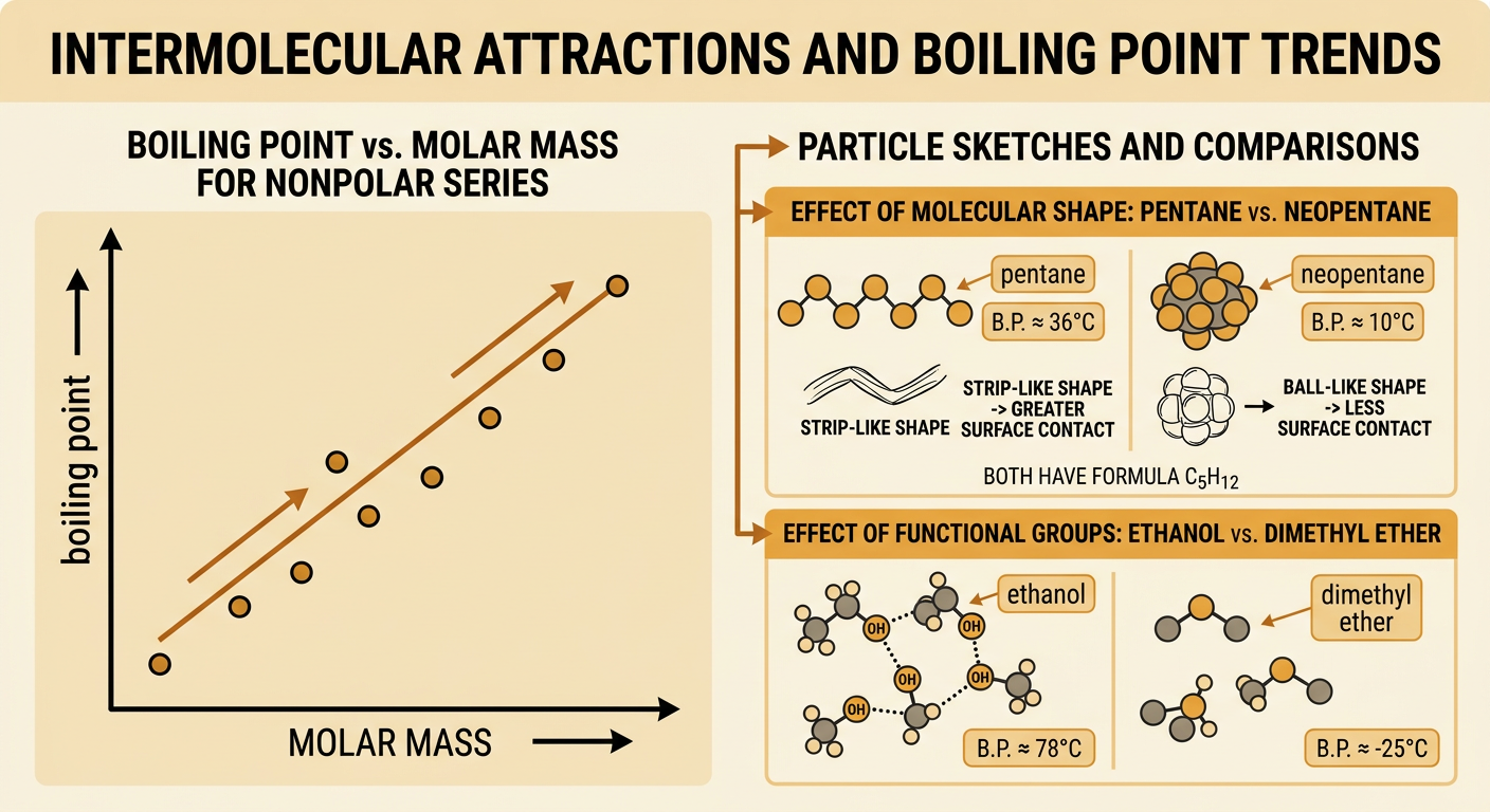 A boiling-point comparison chart contrasts pentane with neopentane and ethanol with dimethyl ether.