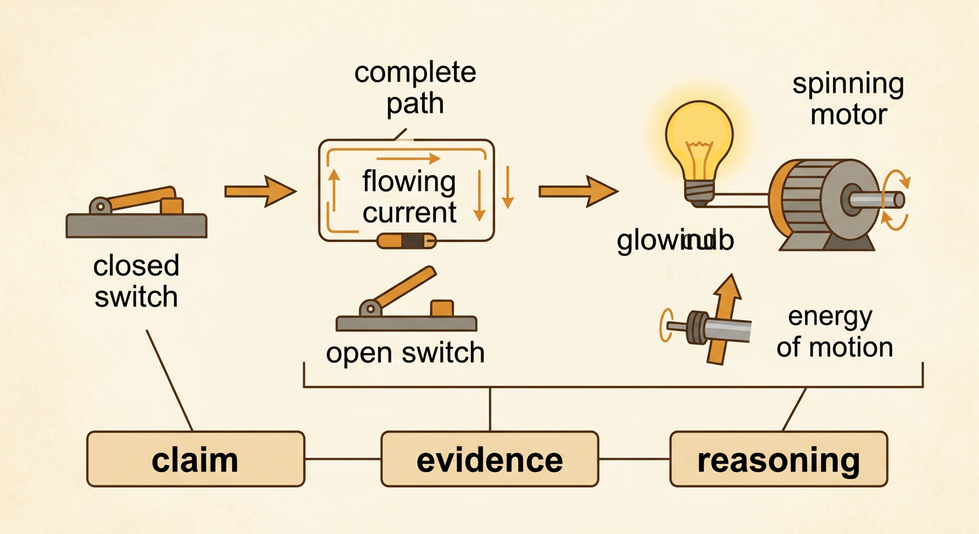 A claim-evidence-reasoning diagram connects an open dark bulb and a closed glowing bulb to energy transfer.