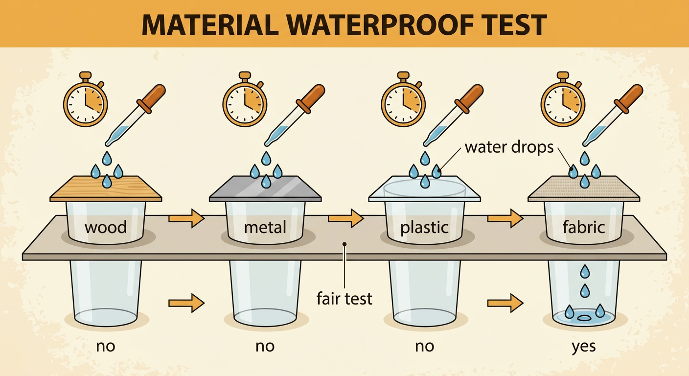 Equal pieces of four materials cover matching cups while the same number of water drops falls on each piece.