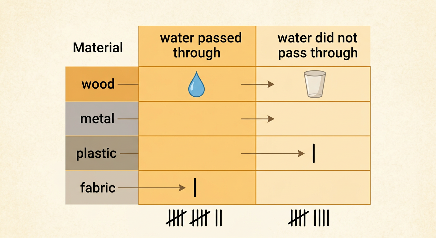 A simple class chart compares whether water passed through each tested material.