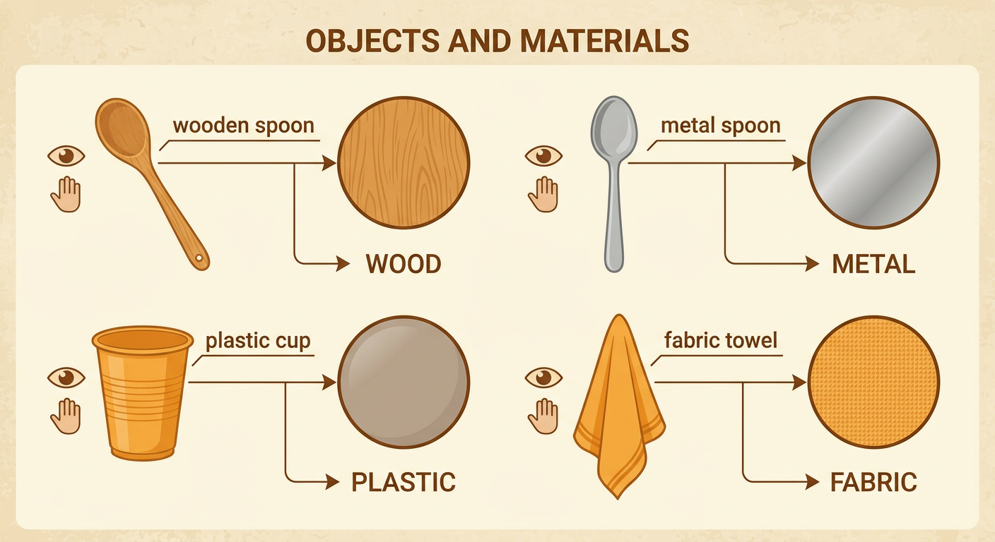 A wooden spoon, metal spoon, plastic cup, and fabric towel are arranged as safe samples for observation.