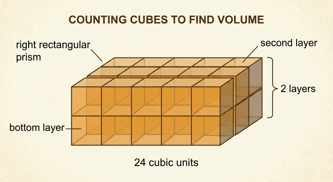 A rectangular prism made from 24 unit cubes is shown as two complete layers of 12 cubes each.