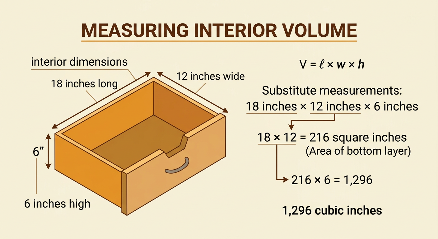 An open storage drawer displays its three interior dimensions and a calculation of the space inside.