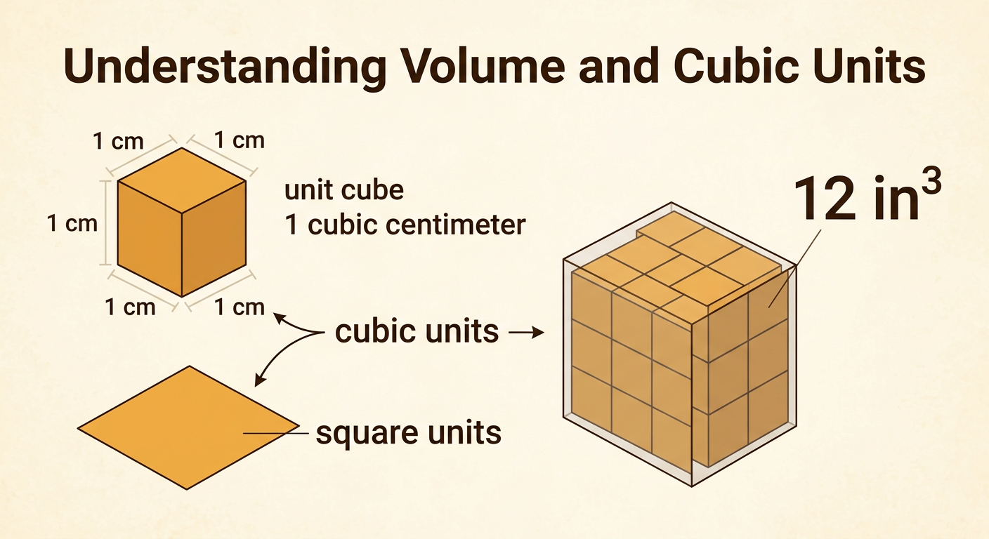 A one-centimeter unit cube appears beside a small box completely filled with 12 one-inch cubes.