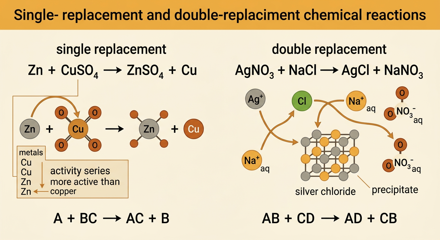 A metal replacement equation and an ion-exchange equation show how substances switch positions in two different patterns.